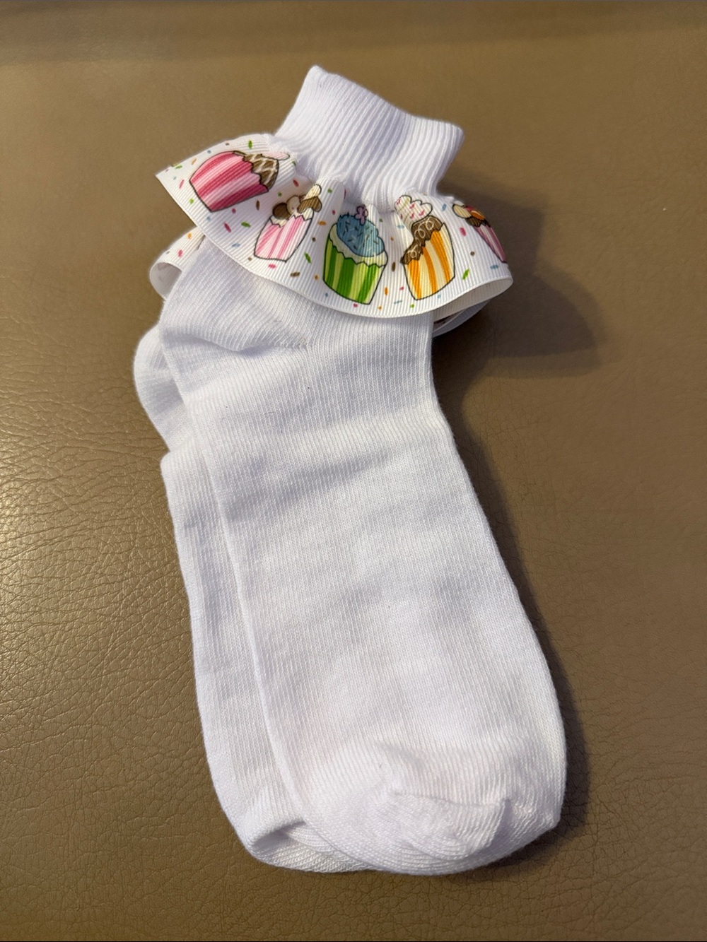 White Kids Ruffle Socks with Colorful Cupcake Trim